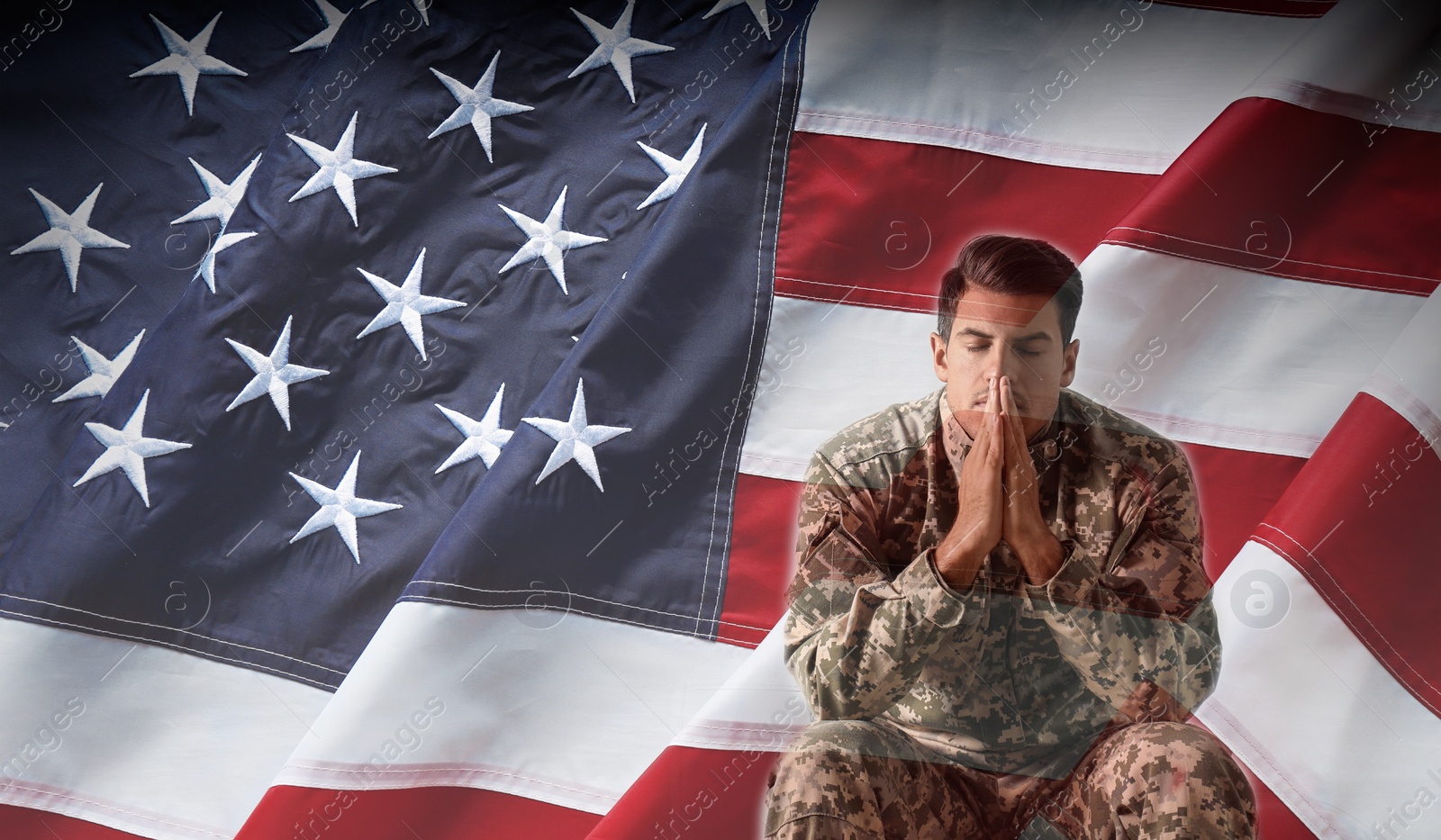 Image of Double exposure of soldier and American flag. Military service