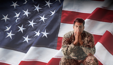 Double exposure of soldier and American flag. Military service