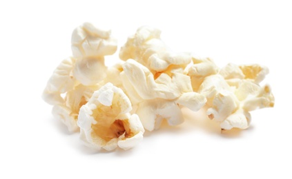 Photo of Pile of delicious salty popcorn on white background