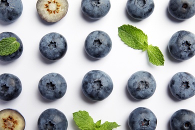 Photo of Flat lay composition with tasty blueberry on white background