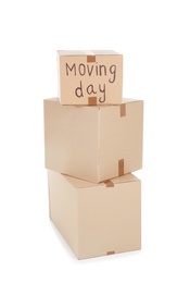 Photo of Cardboard boxes on white background. Moving day