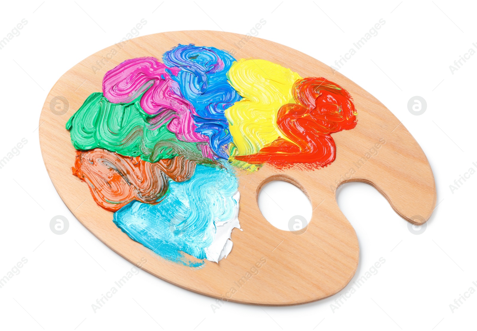 Photo of Palette with paints on white background. Artist equipment