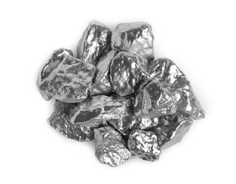 Pile of silver nuggets isolated on white, top view