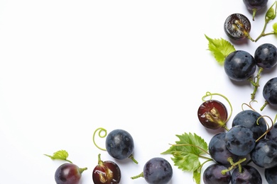 Fresh ripe juicy grapes on white background, top view