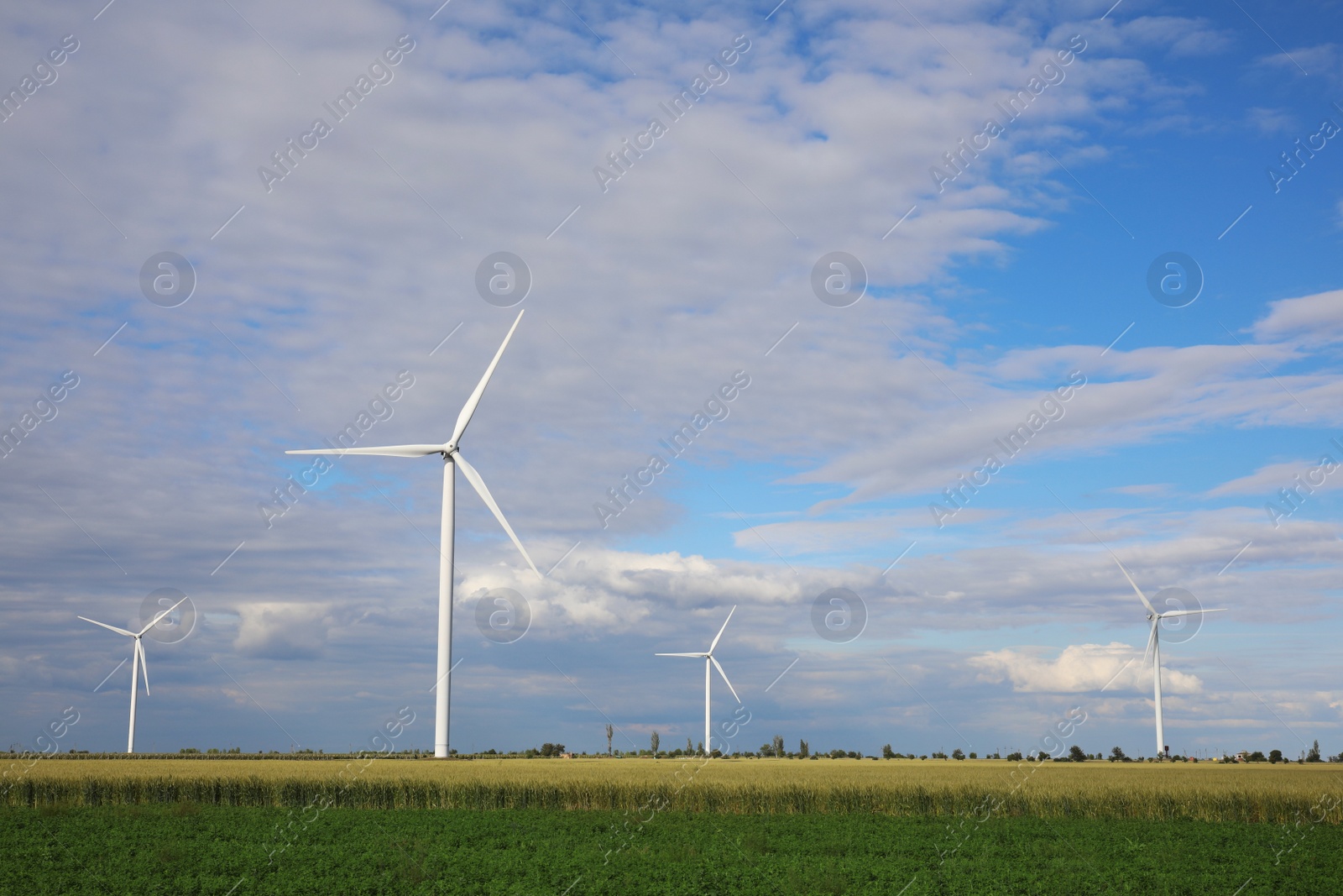 Photo of Beautiful view of field with wind turbines. Alternative energy source