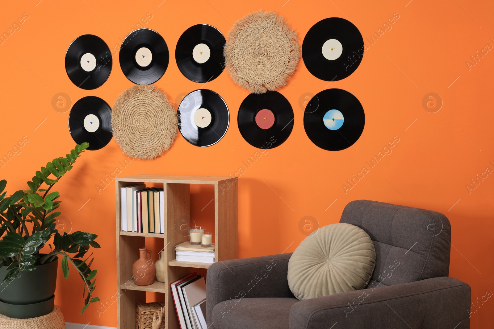 Photo of Living room interior decorated with vinyl records