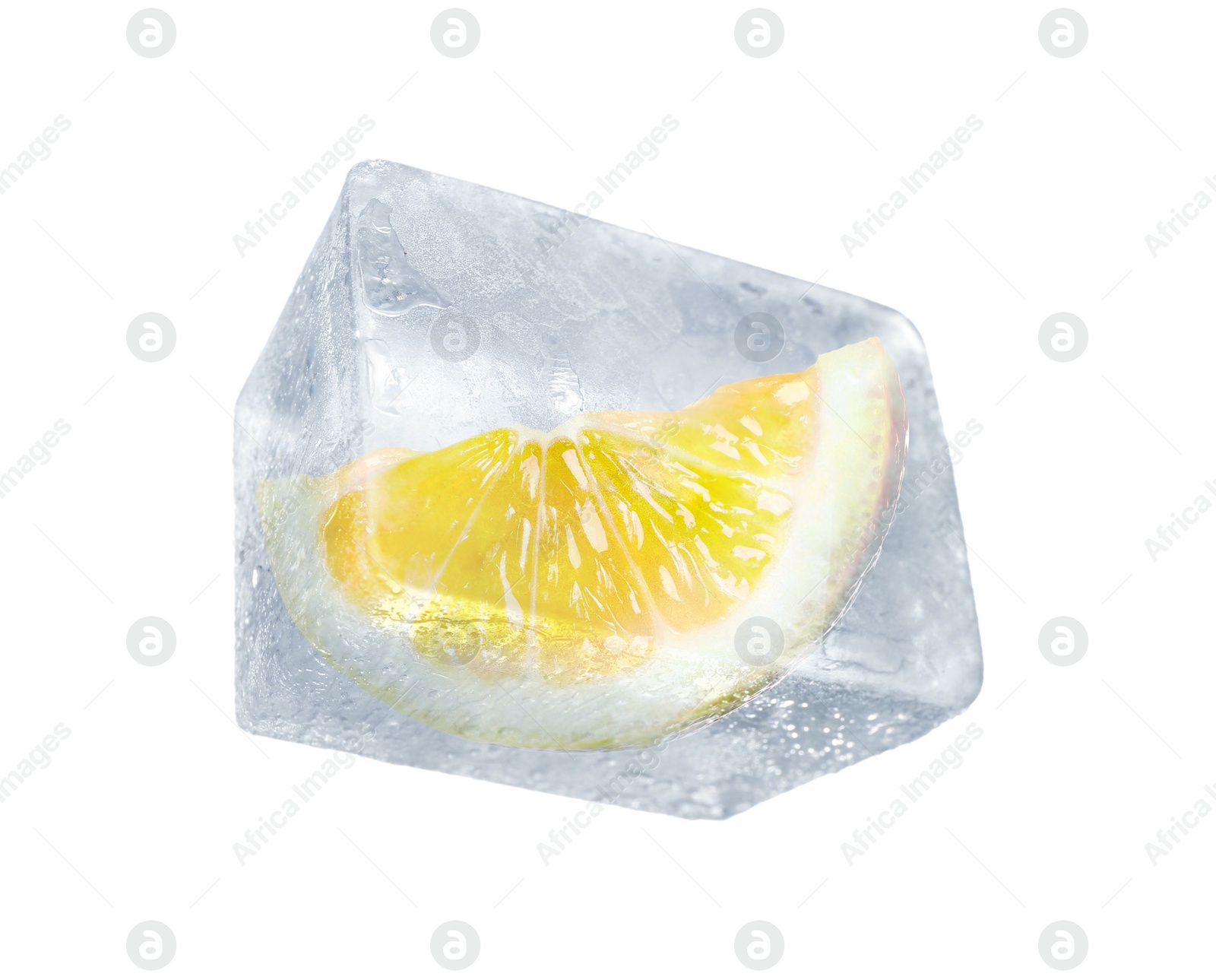 Image of Slice of lemon frozen in ice isolated on white 