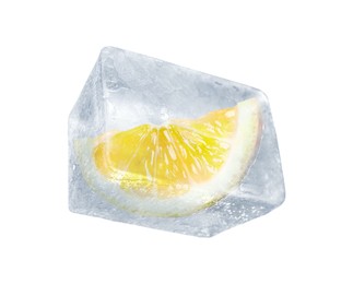 Image of Slice of lemon frozen in ice isolated on white 