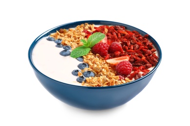 Photo of Smoothie bowl with goji berries on white background