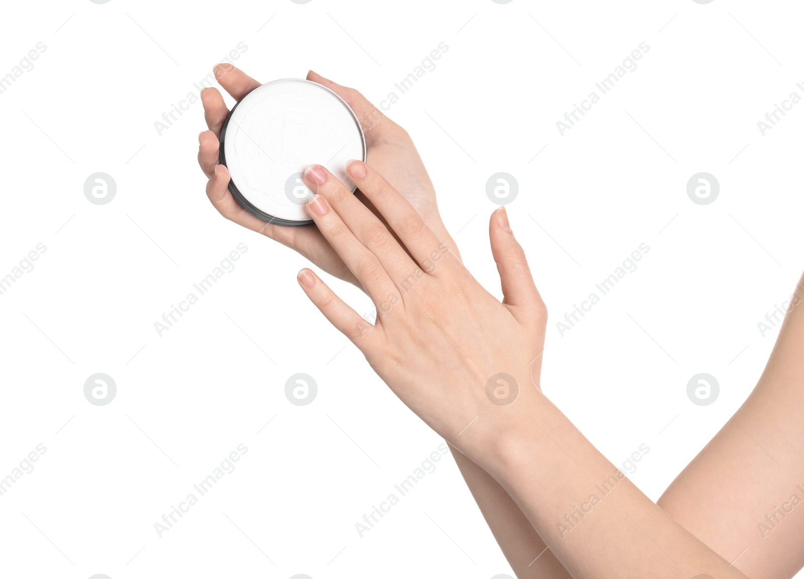 Photo of Young woman with jar of hand cream on white background