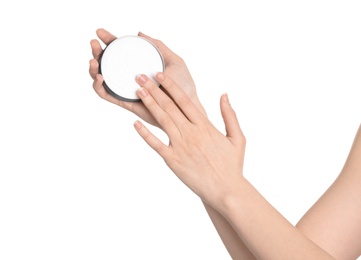 Photo of Young woman with jar of hand cream on white background