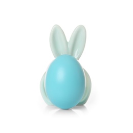 Cute dyed egg with decorative Easter bunny ears on white background