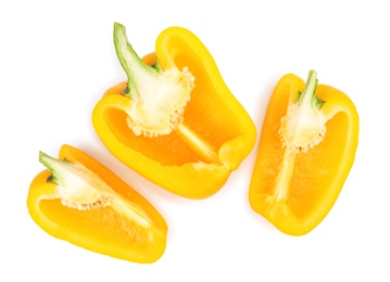 Photo of Cut yellow bell pepper isolated on white, top view