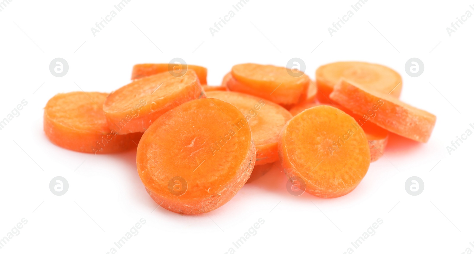 Photo of Slices of fresh ripe carrot on white background