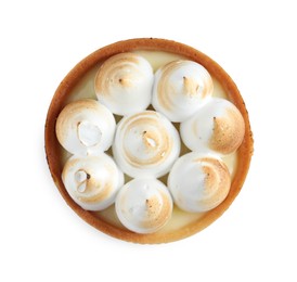 Photo of Tartlet with lemon curd and meringue isolated on white, top view. Delicious dessert