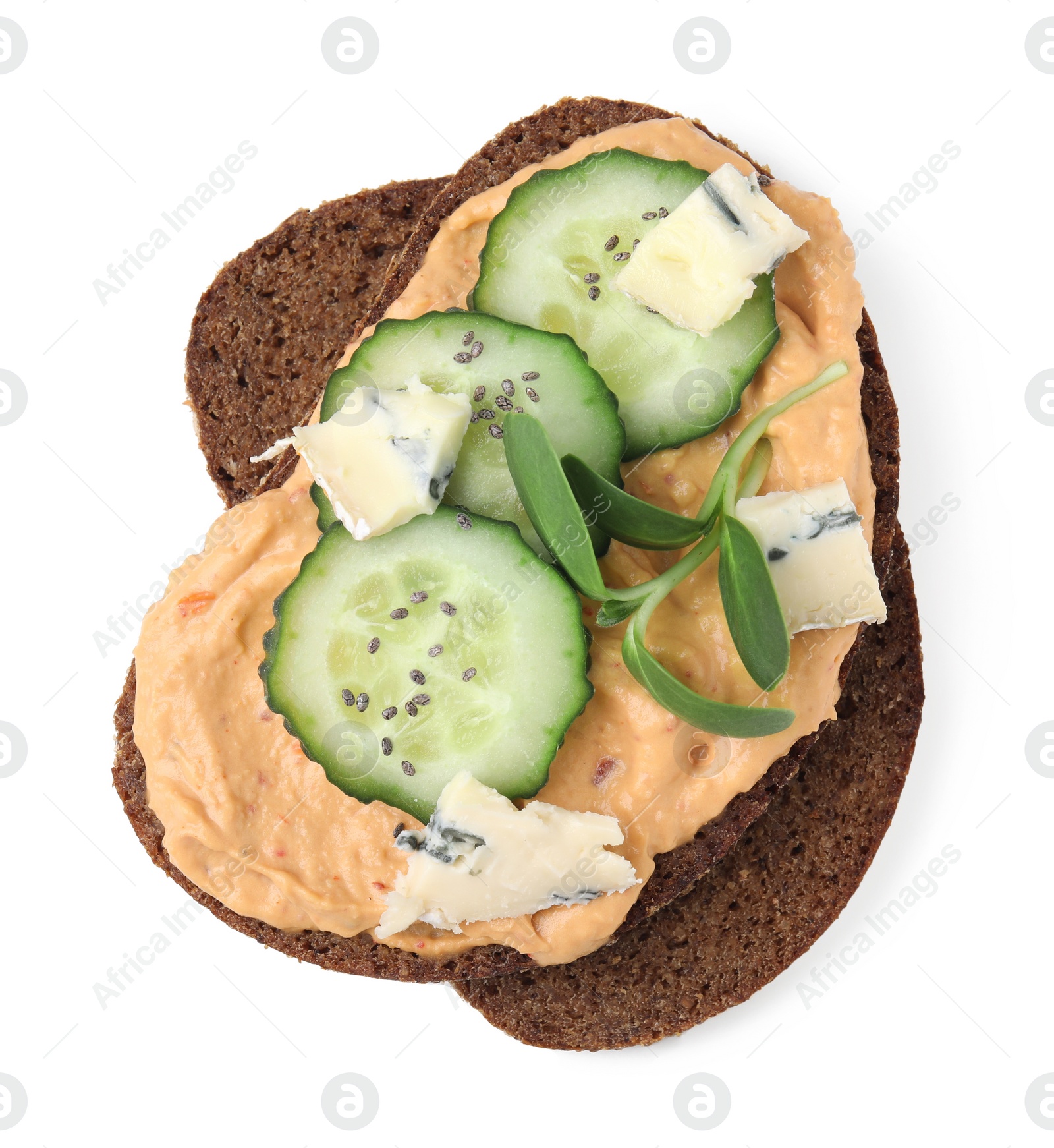 Photo of Delicious sandwich with hummus and ingredients on white background, top view