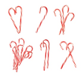 Image of Set of tasty Christmas candy canes on white background