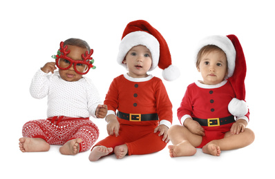 Collage with photos of cute babies on white background. First Christmas