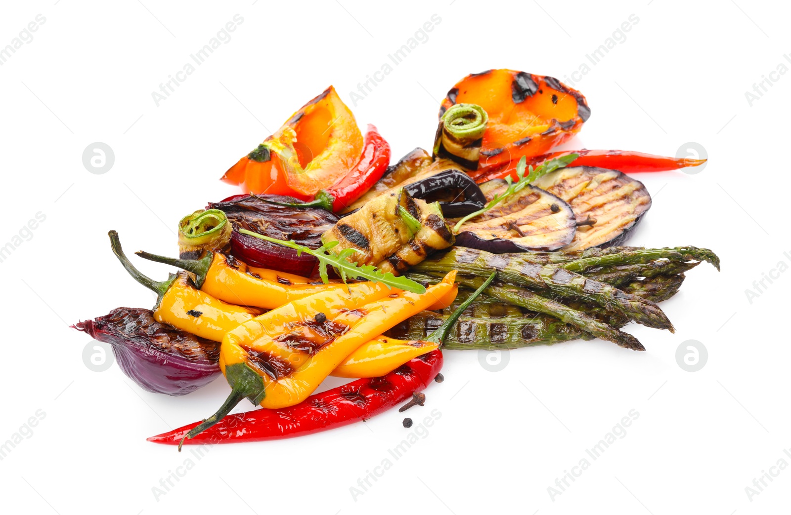 Photo of Different delicious grilled vegetables isolated on white