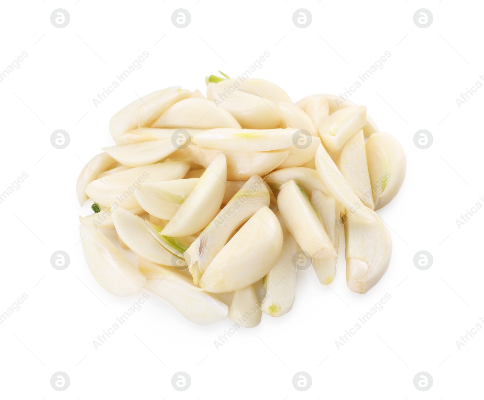 Photo of Peeled cloves of fresh garlic isolated on white