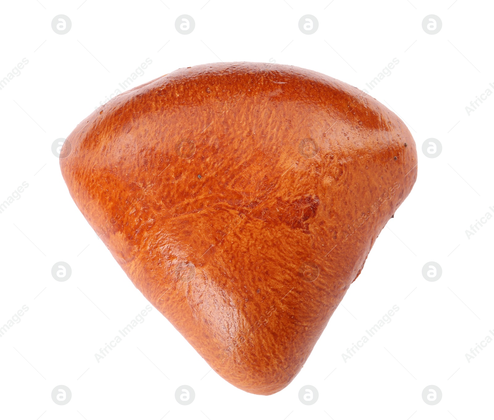 Photo of One delicious baked patty with filling on white background, top view