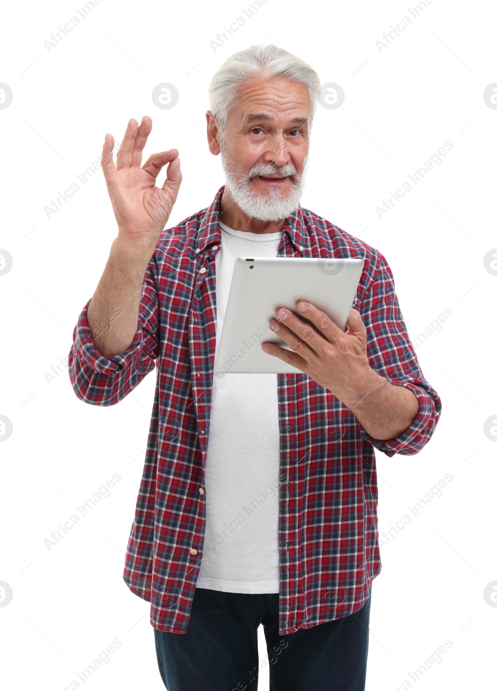 Photo of Man with tablet showing ok gesture on white background