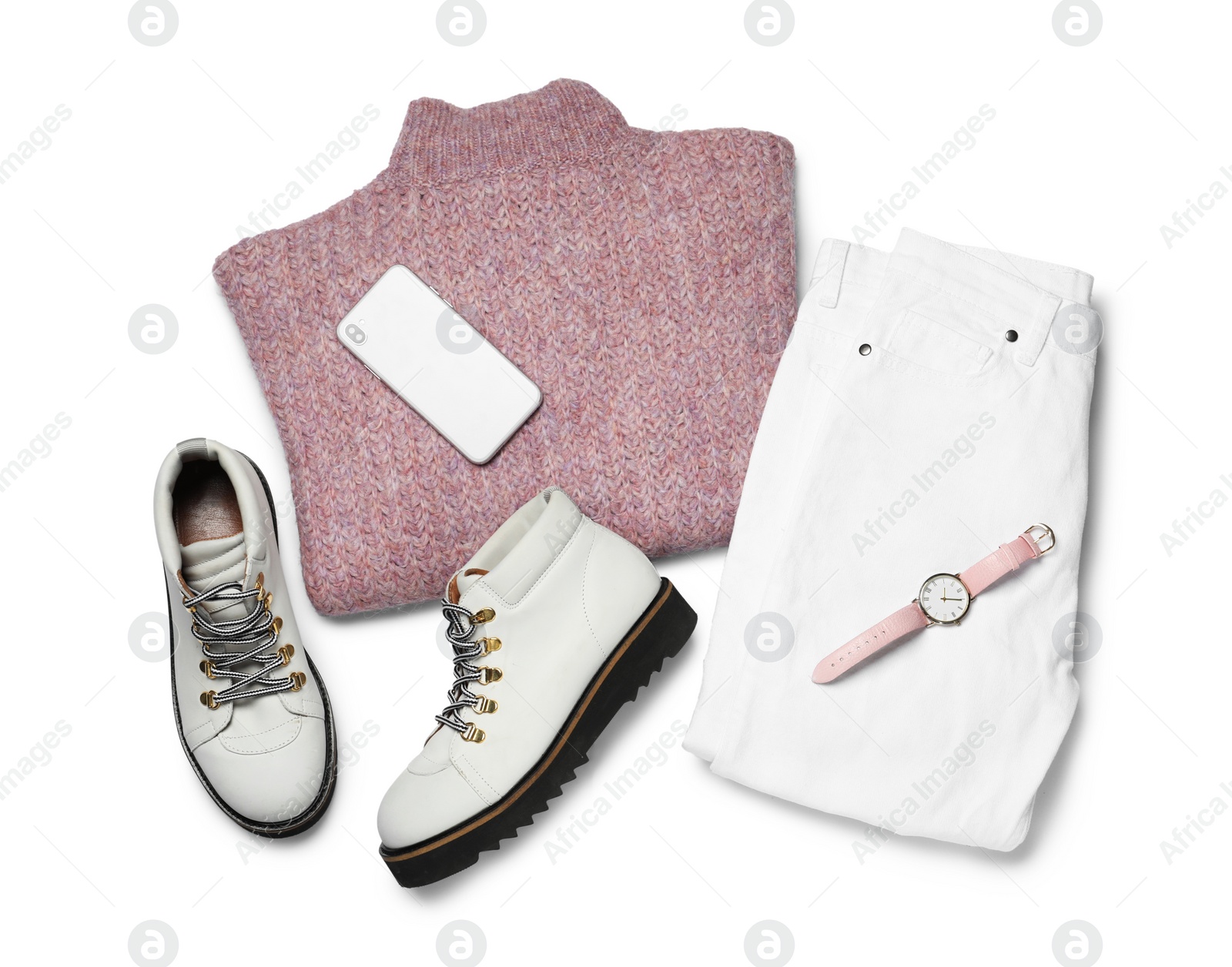 Photo of Stylish boots, new clothes, smartphone and wristwatch on white background, flat lay