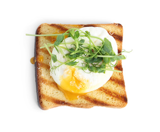 Photo of Delicious poached egg sandwich isolated on white, top view