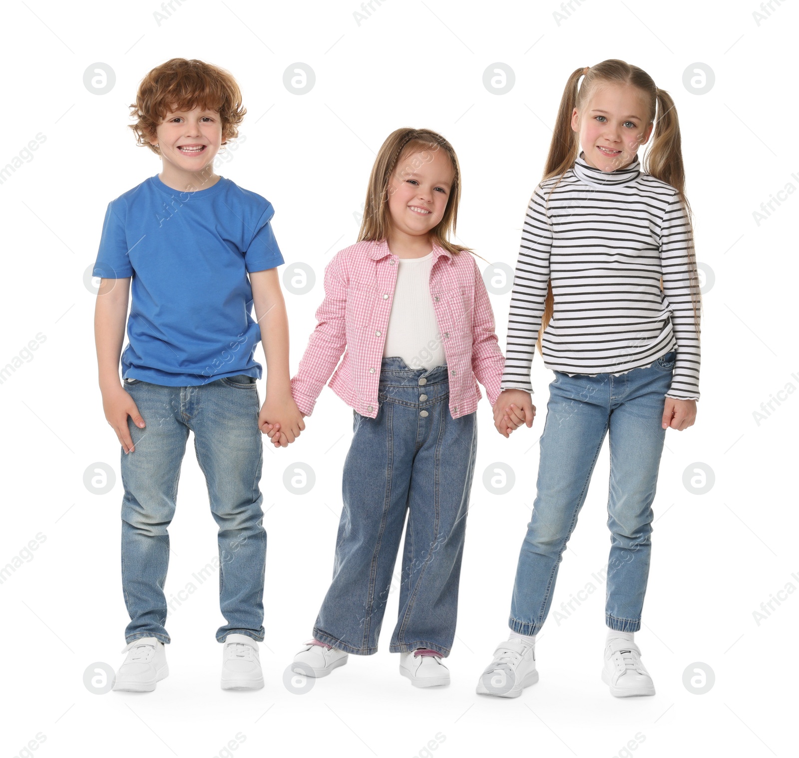 Photo of Full length portrait with group of cute children on white background