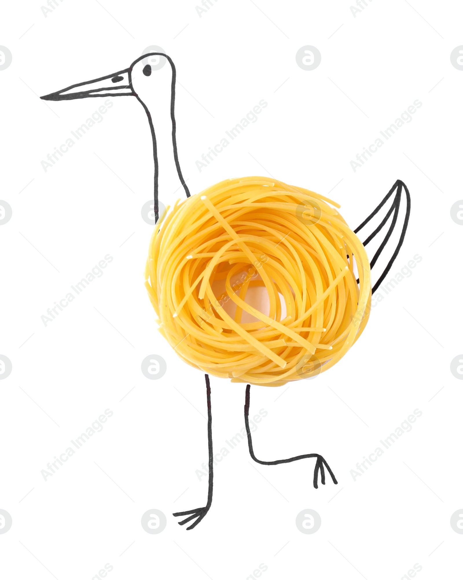 Photo of Funny bird made with linguine pasta on white background, top view