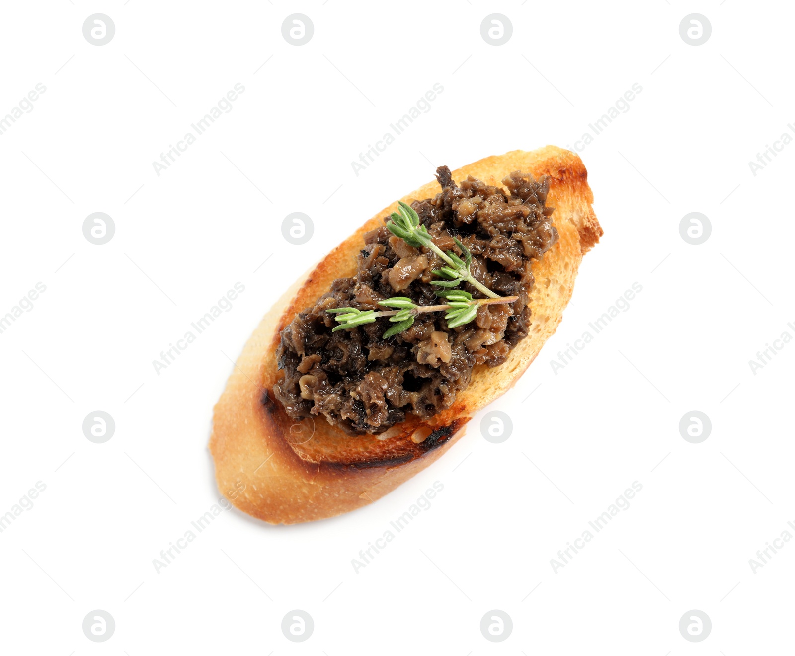 Photo of Tasty bruschetta with truffle paste isolated on white, top view