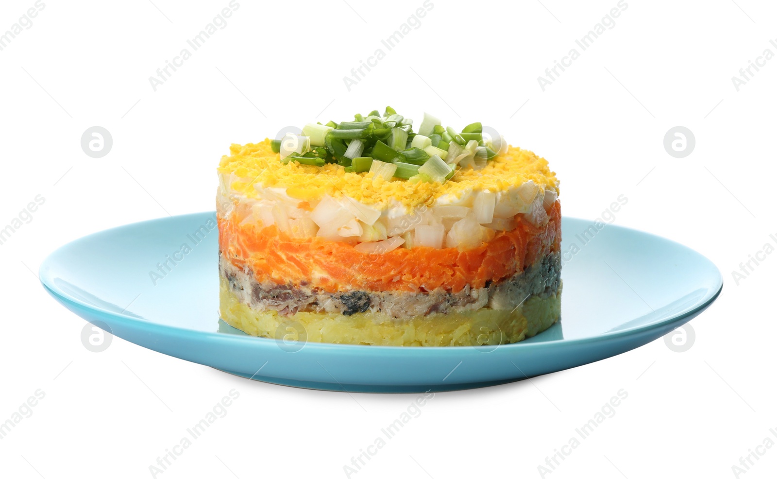 Photo of Traditional russian salad Mimosa on white background
