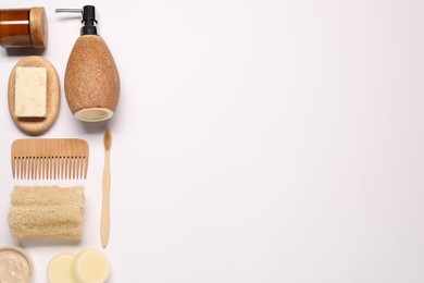 Bath accessories. Different personal care products on white background, flat lay with space for text