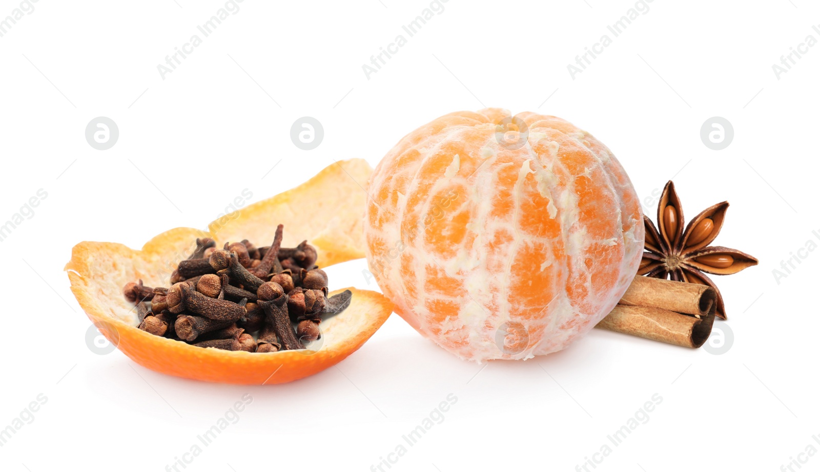Image of Fresh ripe tangerine, cloves, anise and cinnamon on white background