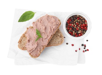 Photo of Delicious liverwurst sandwich and spices on white background, top view