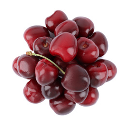 Photo of Tasty ripe red cherries isolated on white, top view