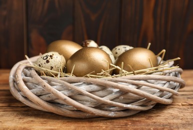 Photo of Golden and quail eggs in nest on wooden table, closeup