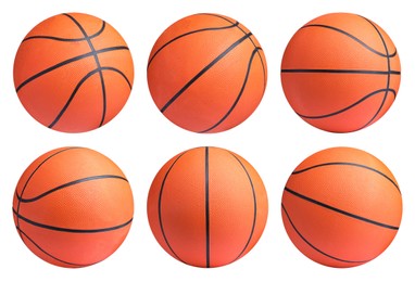 Image of Set with bright basketball balls on white background 