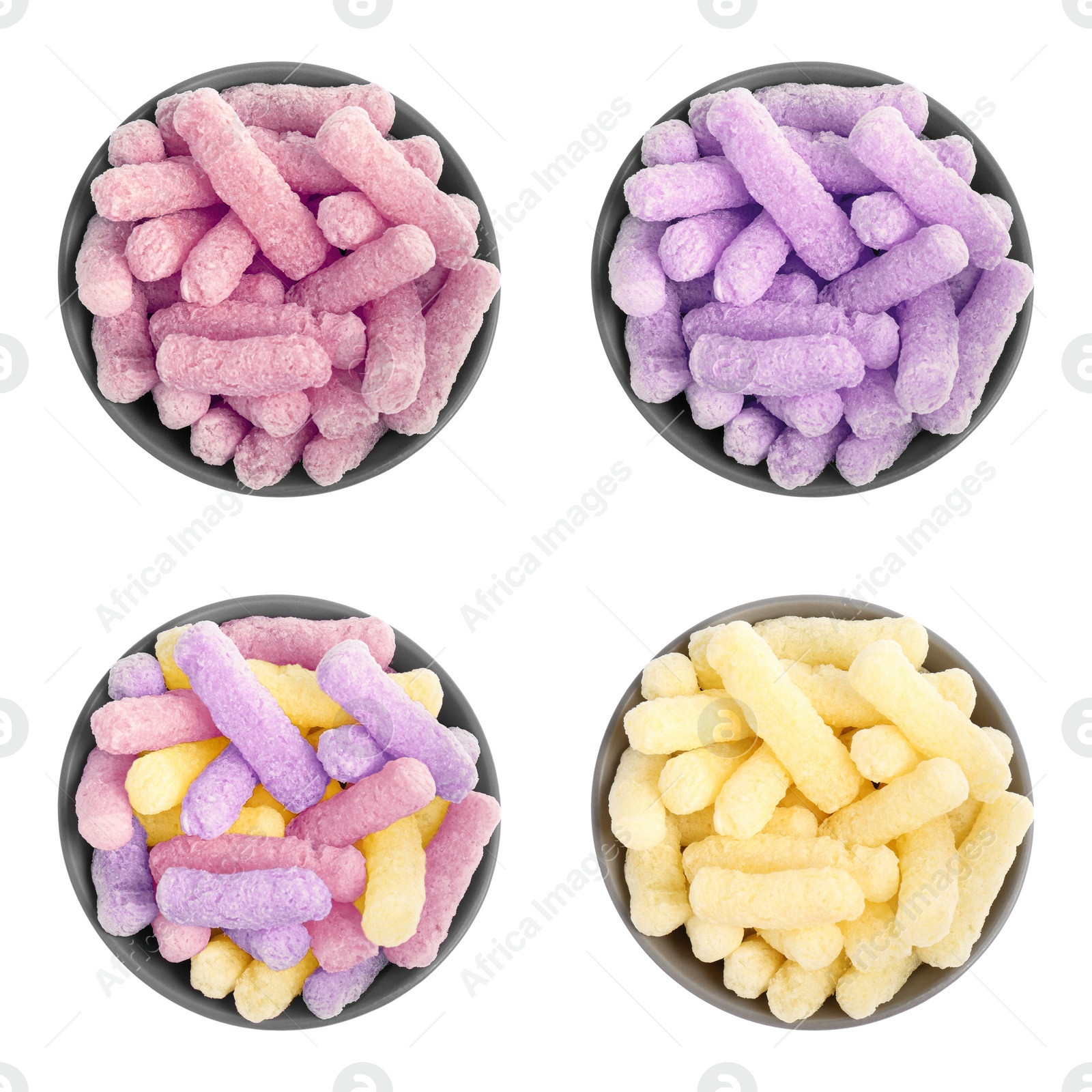 Image of Set of bowls with colorful corn puffs on white background, top view
