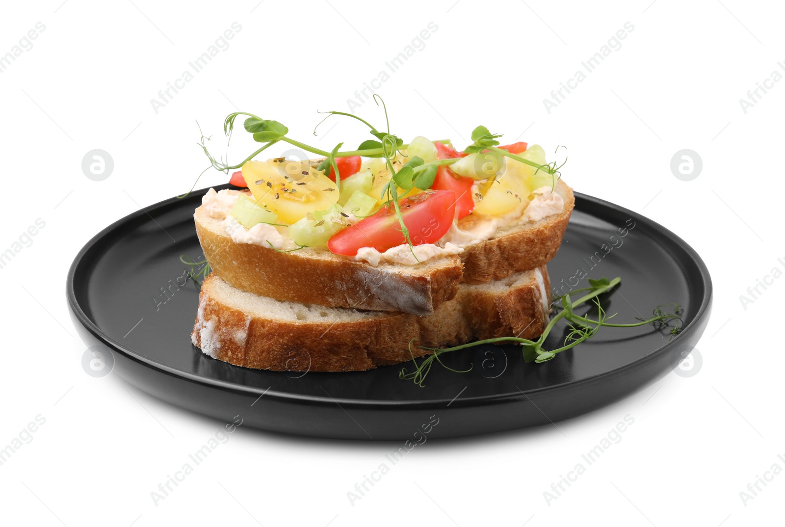 Photo of Tasty vegan sandwich with tomatoes, celery and microgreens isolated on white