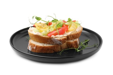 Photo of Tasty vegan sandwich with tomatoes, celery and microgreens isolated on white