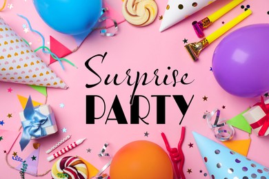 Image of Flat lay composition with different items for surprise party on pink background