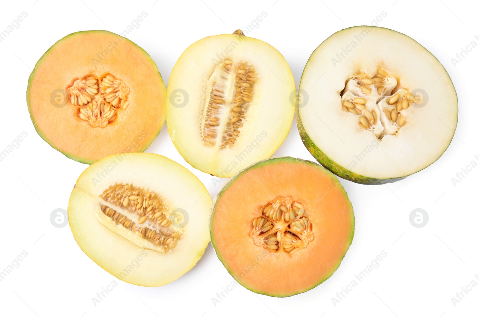 Photo of Tasty colorful ripe melons on white background, top view