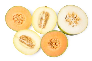 Photo of Tasty colorful ripe melons on white background, top view