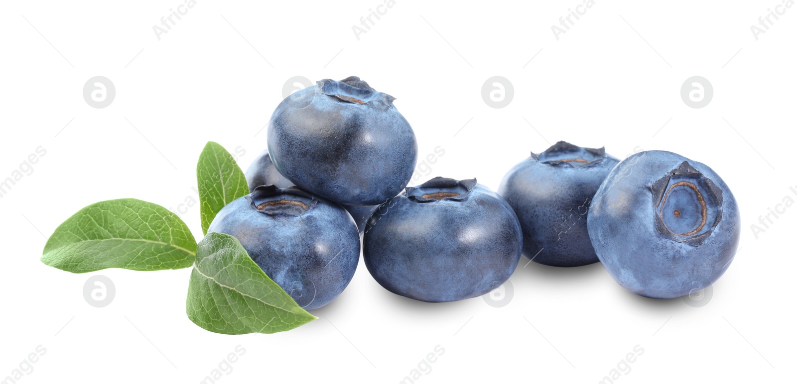 Photo of Many fresh ripe blueberries and leaves isolated on white