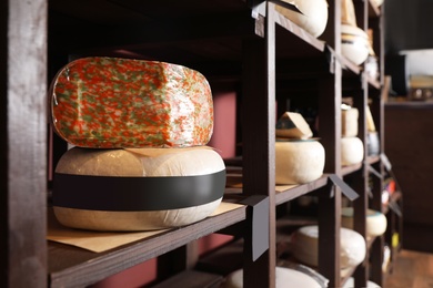 Photo of Different types of delicious cheeses on rack in store