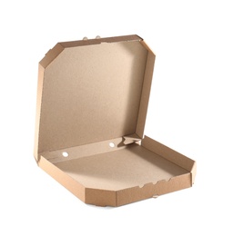 Photo of Open cardboard pizza box on white background. Food delivery