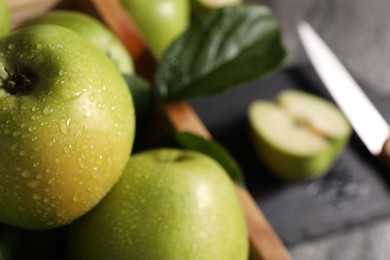 Photo of Ripe green apples with water drops in crate on table, closeup. Space for text