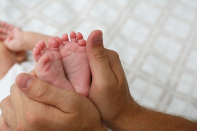 Father holding feet of his cute baby on bed, closeup. Space for text