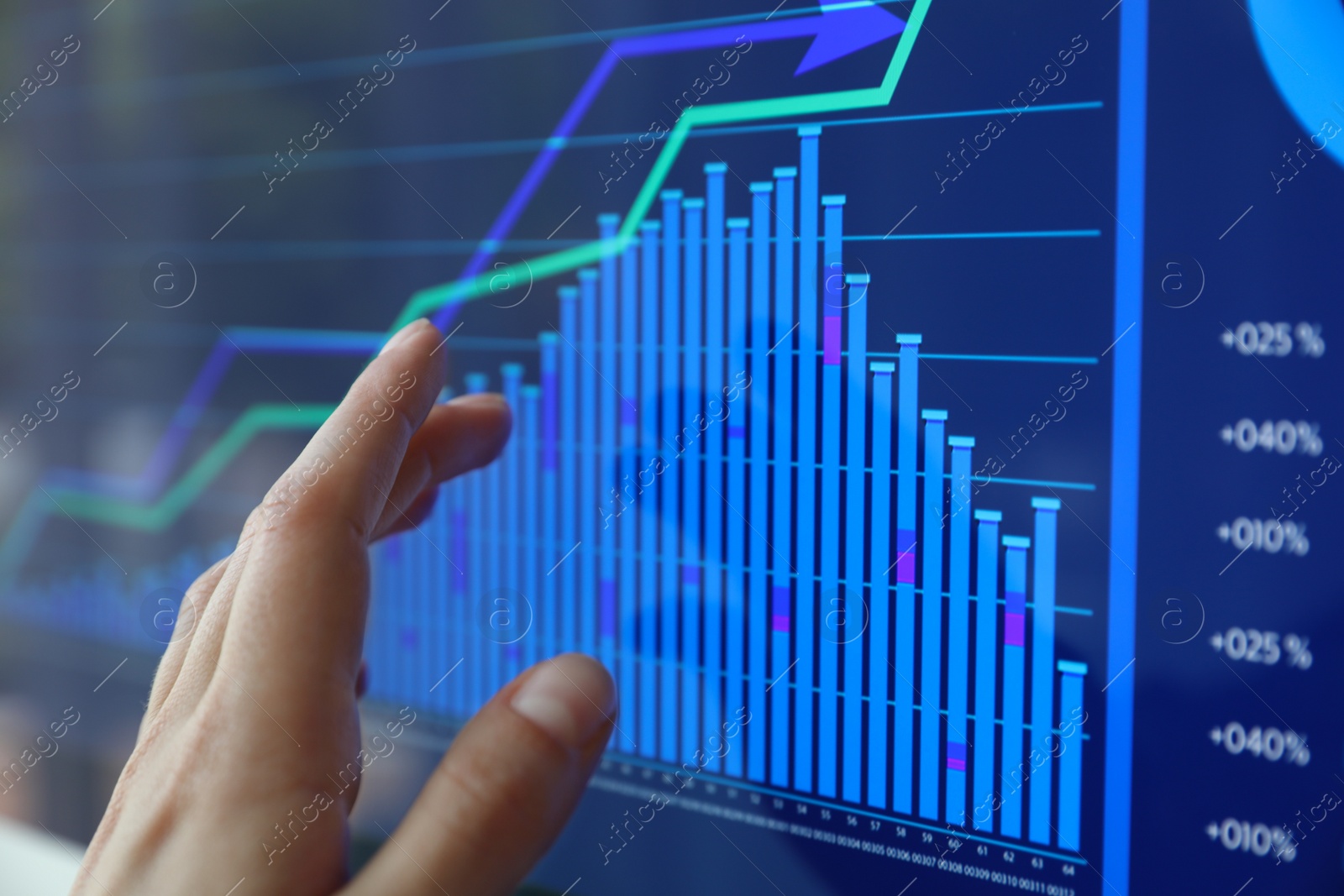 Photo of Woman working with statistic information on screen, closeup